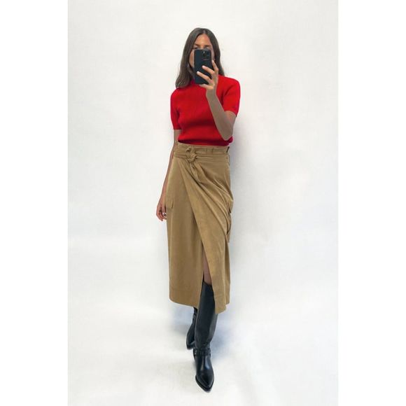 ZARA FAUX SUEDE PAPERBAG MIDI SKIRT - Picture 1 of 6